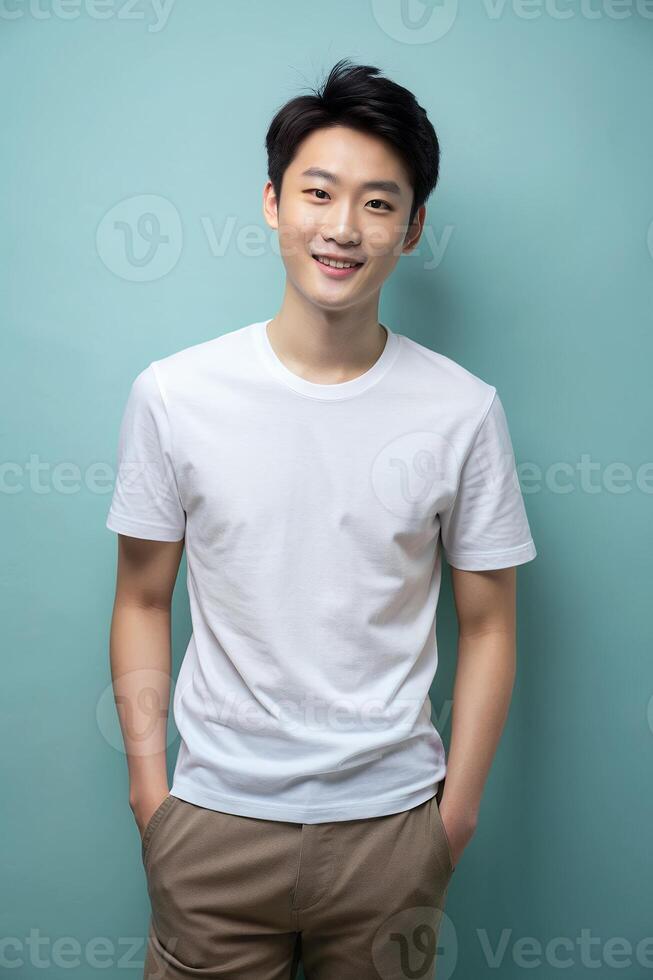 Korean Rectangular College Boy, Elegant, Simple, T-Shirt 3D Rendering, White T-Shirt Ideal For Design Mockups And Apparel Presentations for Blog, Non-profit, Creative Agency photo