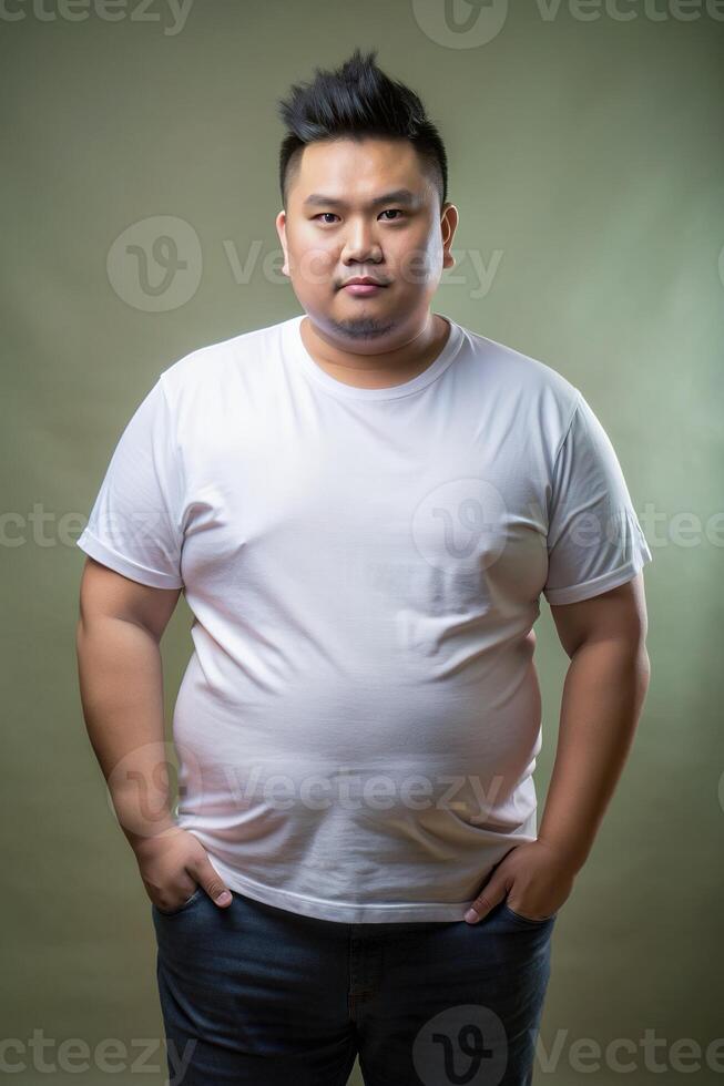 Indonesian Obese Gym Guy, Stylish, Simple, T-Shirt 3D Rendering, Mock Up T Shirt Concept for Multi-purpose, Marketplace, Fashion photo