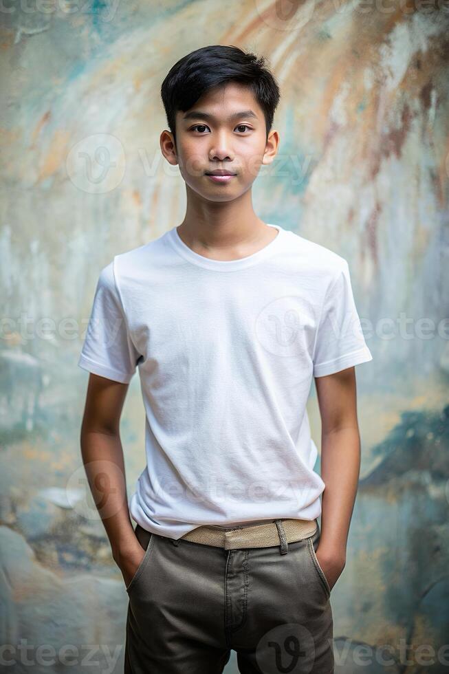 Indonesian Underweight Teen Boy, Elegant, Futuristic, White Oversized T-Shirt 3D Rendering, Suitable For Design Mockups And Print Applications for Magazine, Real Estate, Music photo
