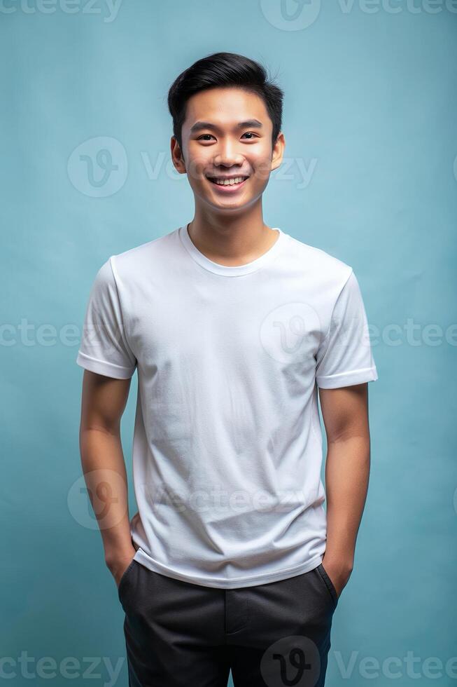 Indonesian Athletic College Boy, Stylish, Streamlined, Perfect For Fashion, Clothing, T Shirt White Model for Business, Wedding, Events photo