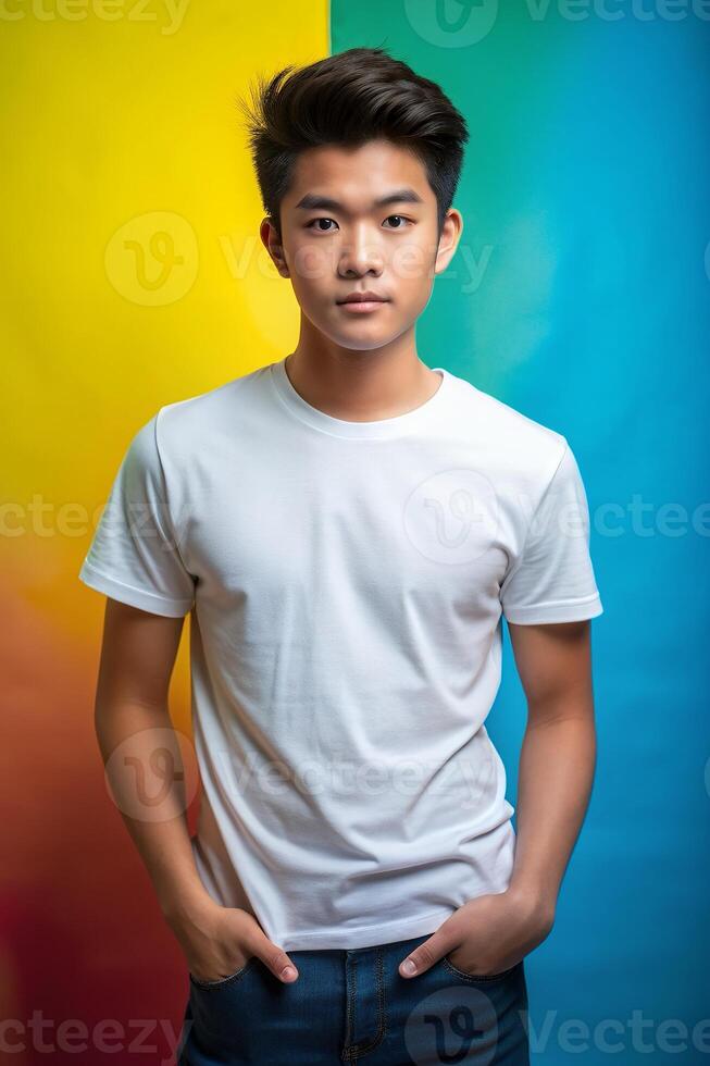Filipino Mesomorph Musculargym Teen Boy, Timeless, Futuristic, White Oversized T-Shirt 3D Rendering, White T-Shirt Ideal For Design Mockups And Apparel Presentations for Retail, Health and Fitness photo