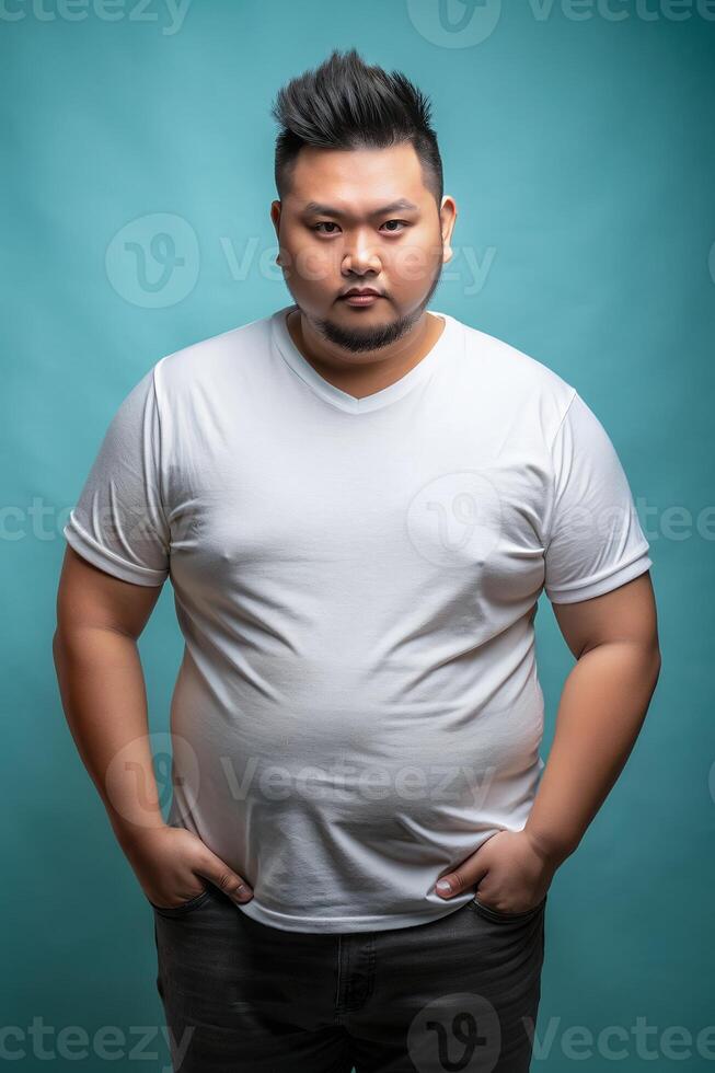 Indonesian Obese Gym Guy, Contemporary, Bold, Half Sleeves, White T-Shirt Ideal For Design Mockups And Apparel Presentations for E-commerce, Personal, Creative Agency photo
