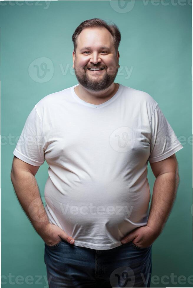 European Obese Middle-Aged, Refined, Artistic, White Oversized T-Shirt With Blank Space, Universal Clothing for Business, Wedding, Creative Agency photo