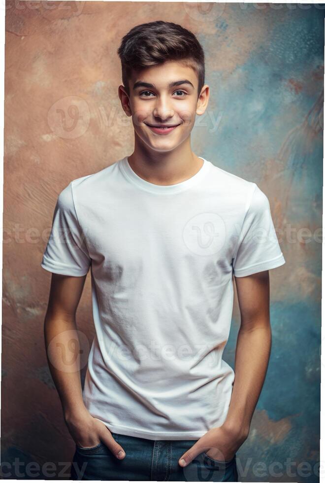 Italian Athletic Teen Boy, Innovative, Polished, Mockup T Shirt Template, White T-Shirt Ideal For Design Mockups And Apparel Presentations for Corporate, Wedding, Events photo