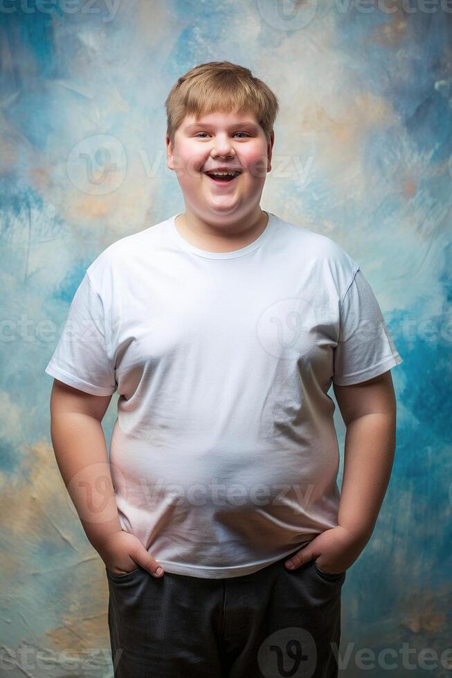 Swedish Overweight Teen Boy, Timeless, Artistic, T-Shirt 3D Rendering, White T-Shirt Ideal For Design Mockups And Apparel Presentations for Magazine, Entertainment, Music photo