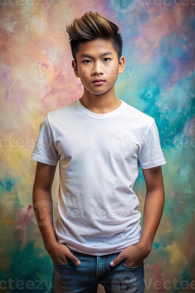 Filipino Mesomorph Musculargym Teen Boy, Stylish, Harmonious, White Oversized T-Shirt With Blank Space, Mock Up T Shirt Concept for Business, Marketplace, Creative Agency photo