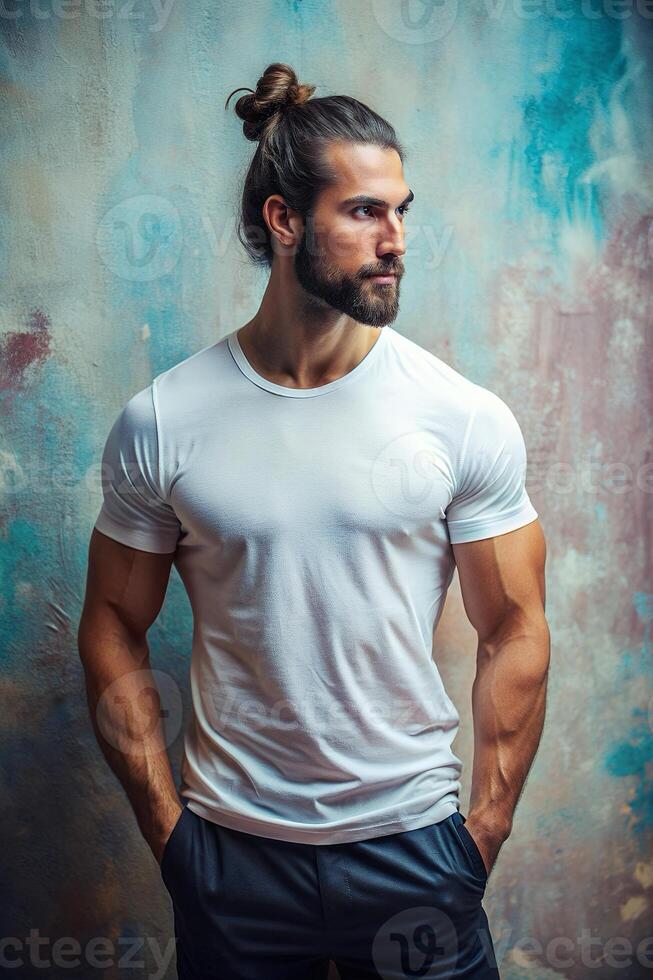 Australian Mesomorph Musculargym Gym Guy, Fresh, Crisp, T Shirt Mockup Model, T Shirt White Model for Multi-purpose, Entertainment, Creative Agency photo