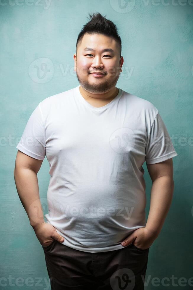 Japanese Overweight Working Professional, Elegant, Futuristic, White Oversized T-Shirt With Blank Space, Suitable For Design Mockups And Print Applications for Business, Community, Technology photo