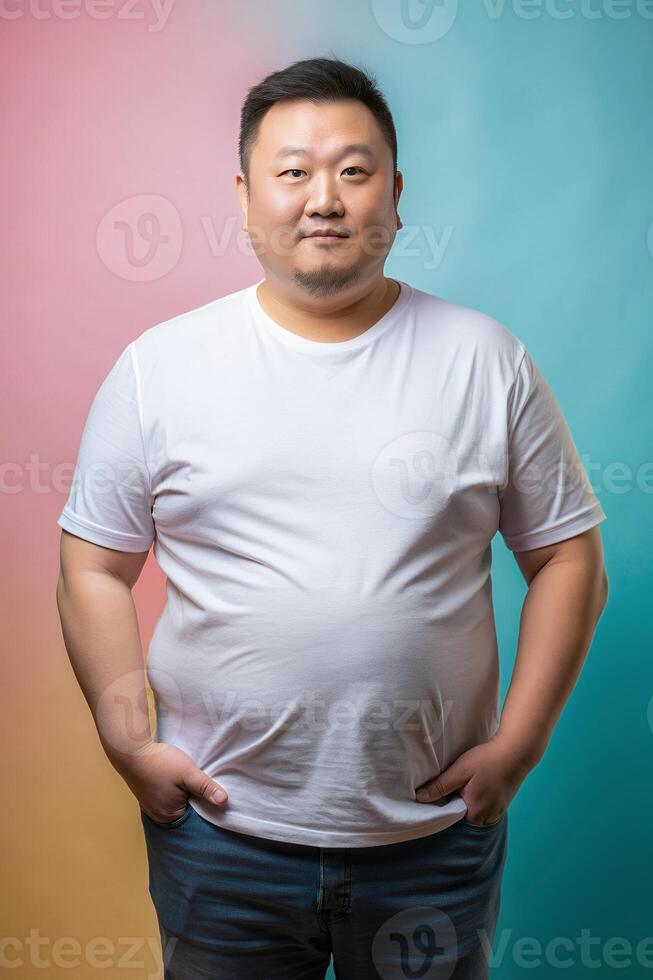 Chinese Overweight Middle-Aged, Sophisticated, Bold, White Oversized T-Shirt With Blank Space, White T-Shirt Ideal For Design Mockups And Apparel Presentations for E-commerce, Travel, Events photo