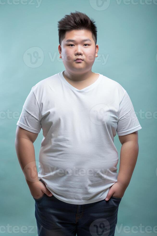 Vietnamese Overweight Teen Boy, Chic, Polished, T-Shirt 3D Rendering, White T-Shirt Ideal For Design Mockups And Apparel Presentations for News, Marketplace, Events photo