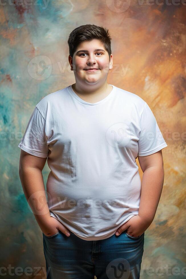 Italian Obese Teen Boy, Refined, Polished, Half Sleeves, Mock Up T Shirt Concept for Blog, Marketplace, Technology photo