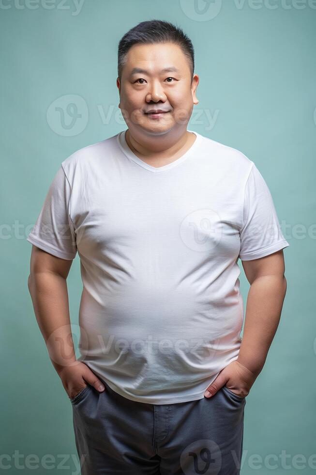 Vietnamese Overweight Middle-Aged, Sophisticated, Balanced, White Oversized T-Shirt With Blank Space, Template Of Fashion Clothes for Business, Non-profit, Fashion photo