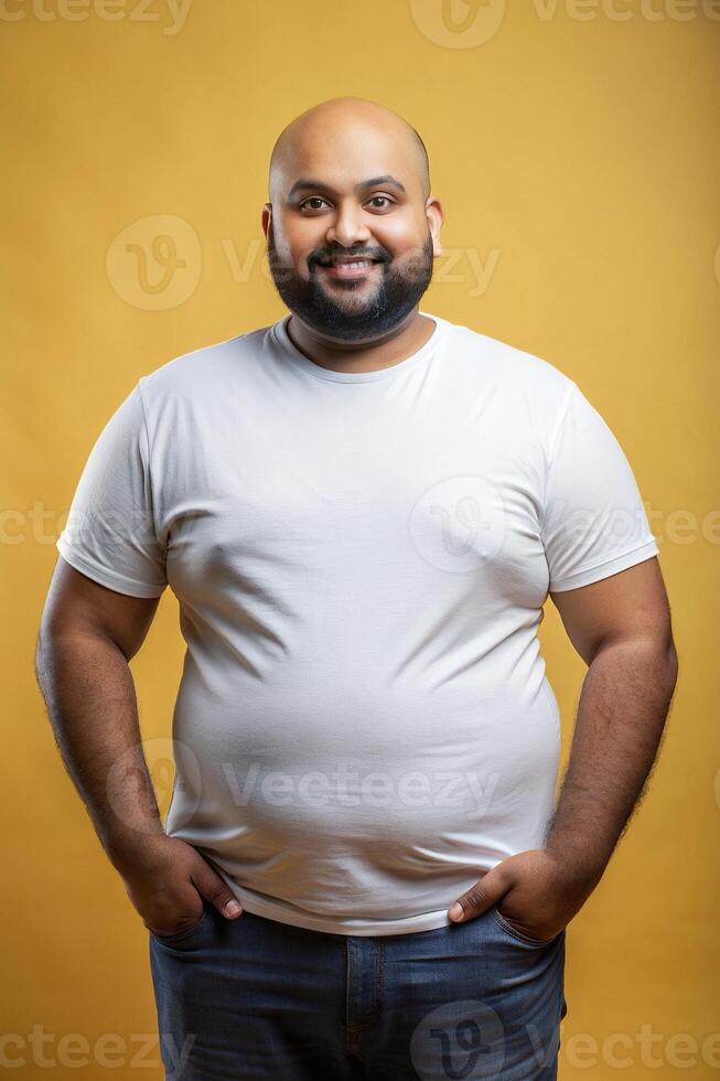 Bangladeshi Overweight Gym Guy, Fresh, Distinctive, T Shirt Mockup Model, Suitable For Design Mockups And Print Applications for Educational, Personal, Technology photo