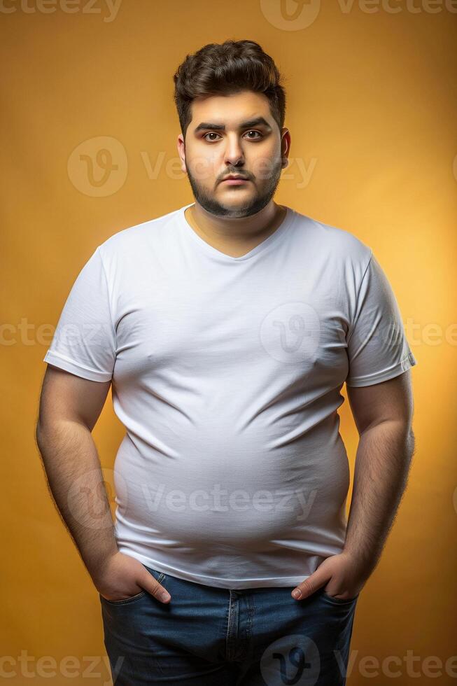 Turkish Overweight College Boy, Contemporary, Crisp, White Oversized T-Shirt 3D Rendering, T Shirt White Model for Retail, Community, Music photo