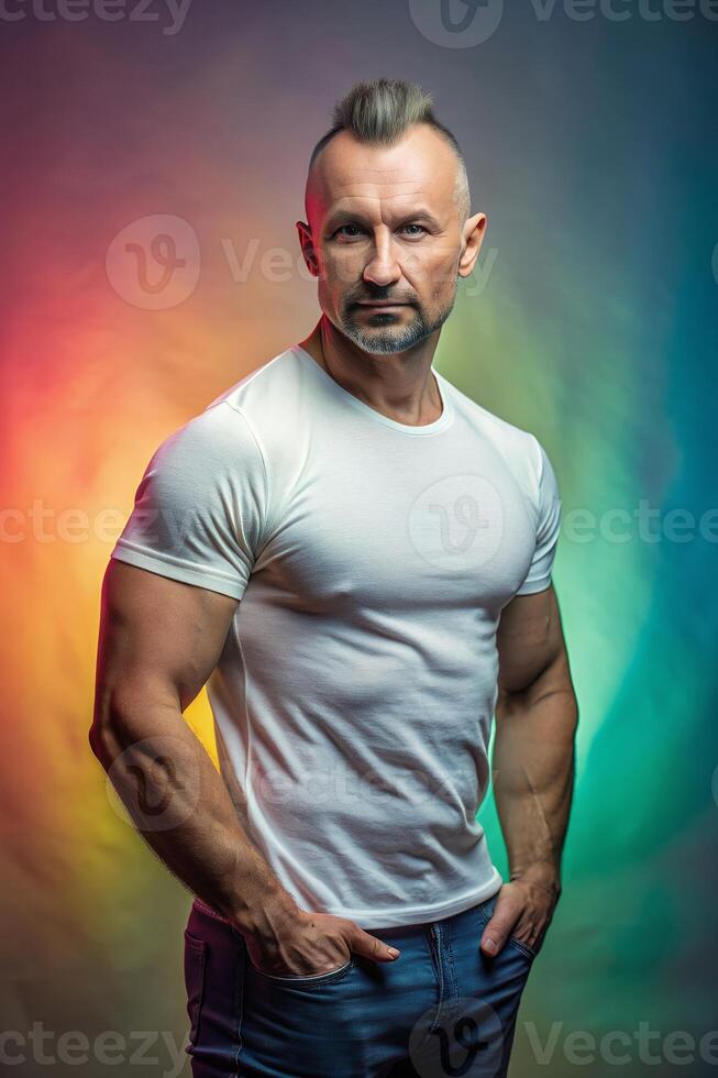 Russian Mesomorph Musculargym Middle-Aged, Elegant, Balanced, White Oversized T-Shirt 3D Rendering, Mock Up T Shirt Concept for Business, Entertainment, Music photo
