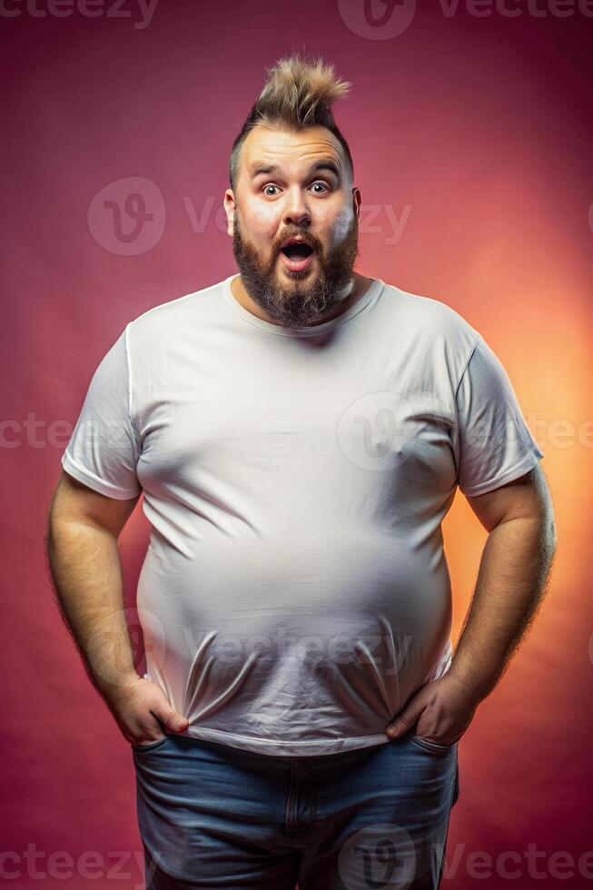 American Obese Adult, Refined, Harmonious, White Oversized T-Shirt With Blank Space, Suitable For Design Mockups And Print Applications for E-commerce, Real Estate, Technology photo