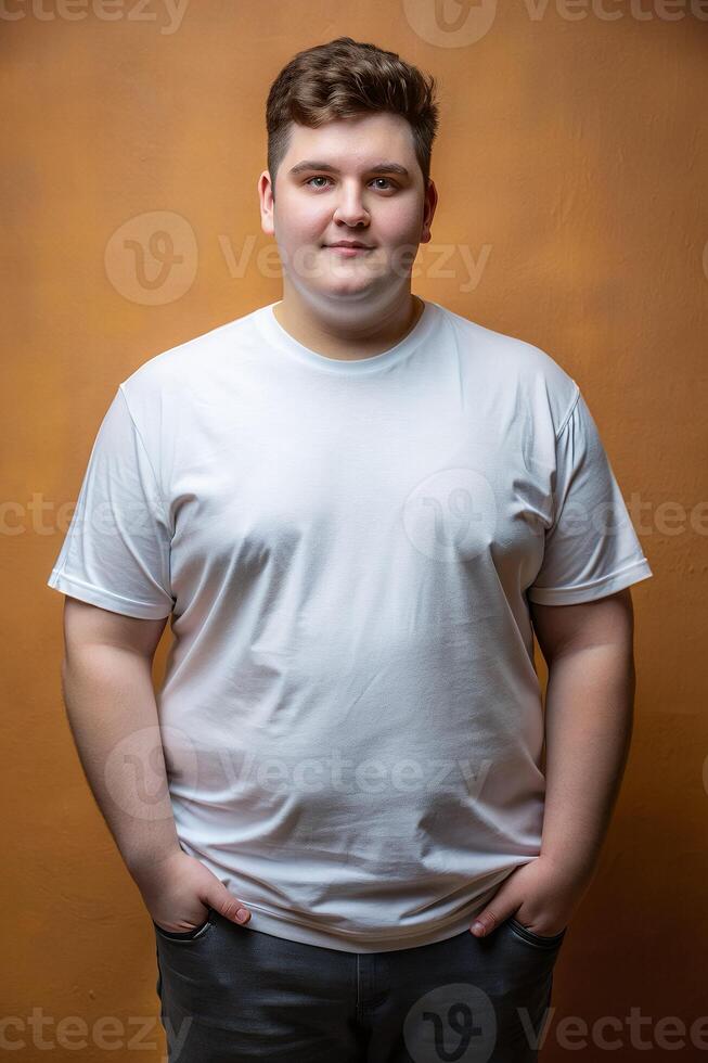 French Overweight College Boy, Fresh, Polished, Unisex T Shirt Mockup, White T-Shirt Ideal For Design Mockups And Apparel Presentations for News, Personal, Technology photo