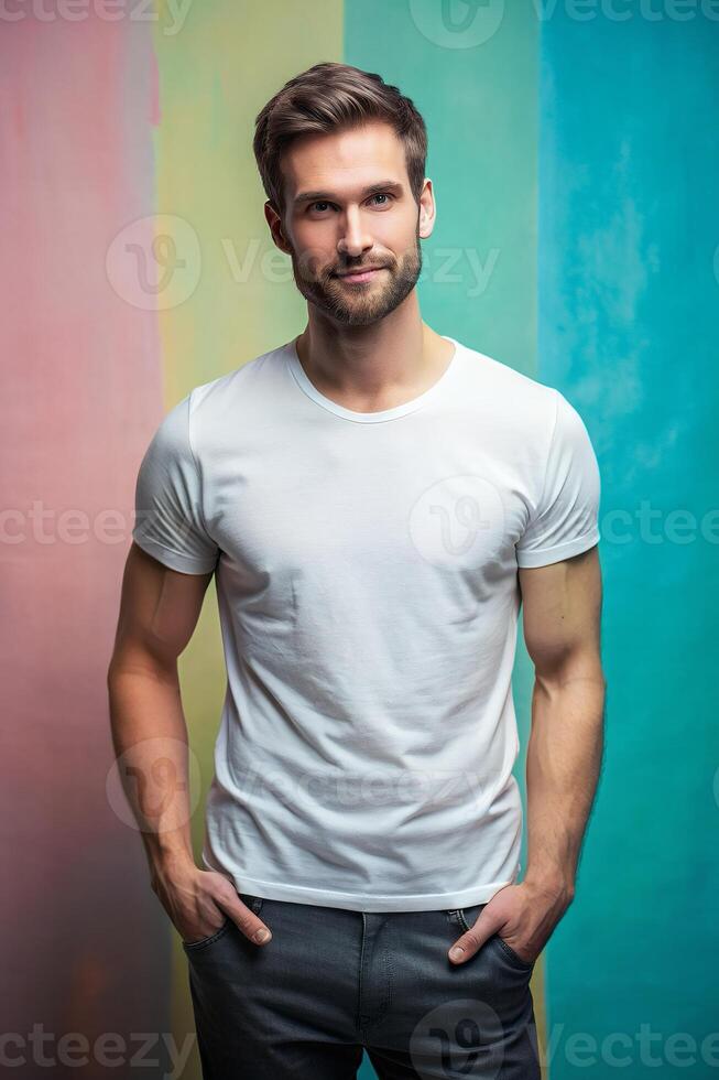 German Lean Healthy Gym Guy, Sophisticated, Bold, Realistic T Shirt Mockup, Mock Up T Shirt Concept for Business, Wedding, Events photo