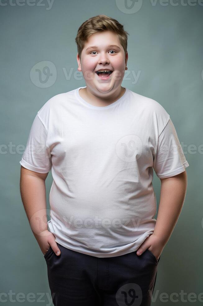 Canadian Overweight Teen Boy, Contemporary, Streamlined, White Oversized T-Shirt 3D Rendering, Template Of Fashion Clothes for Retail, Community, Technology photo