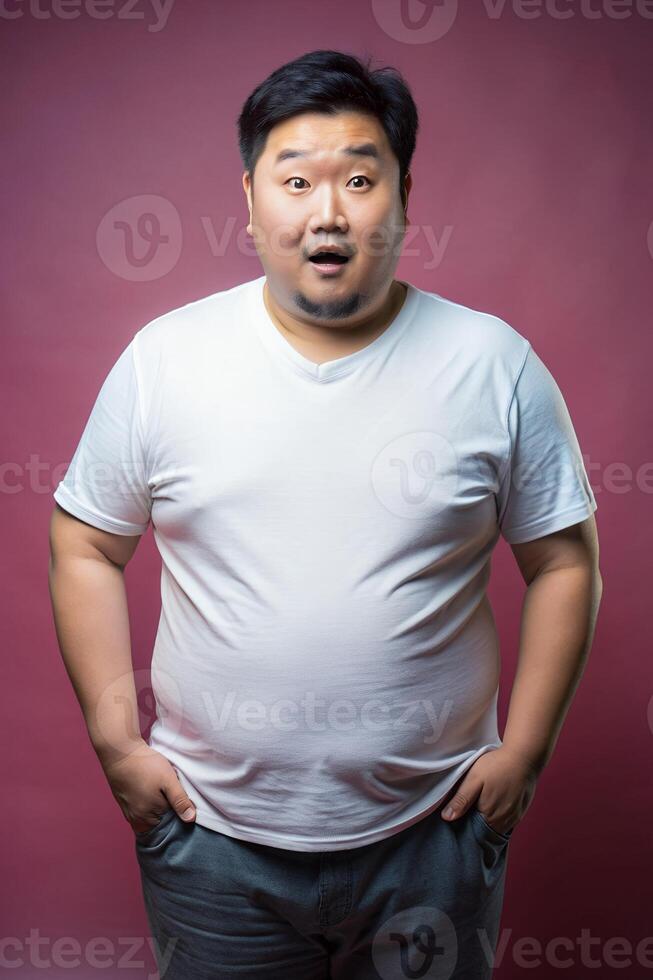 Asian Obese Gym Guy, Sophisticated, Harmonious, Realistic T Shirt Mockup, T Shirt White Model for Business, Health and Fitness, Technology photo