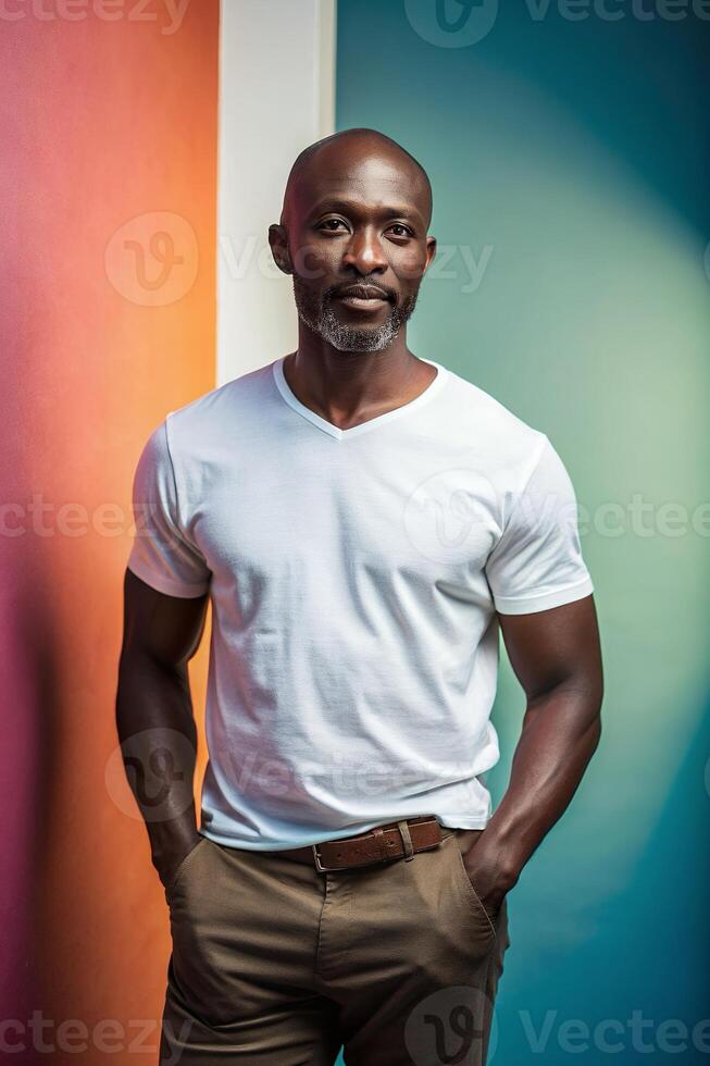 Kenyan Rectangular Middle-Aged, Sophisticated, Futuristic, White Oversized T-Shirt 3D Rendering, White T-Shirt Ideal For Design Mockups And Apparel Presentations for E-commerce, Non-profit, Technology photo