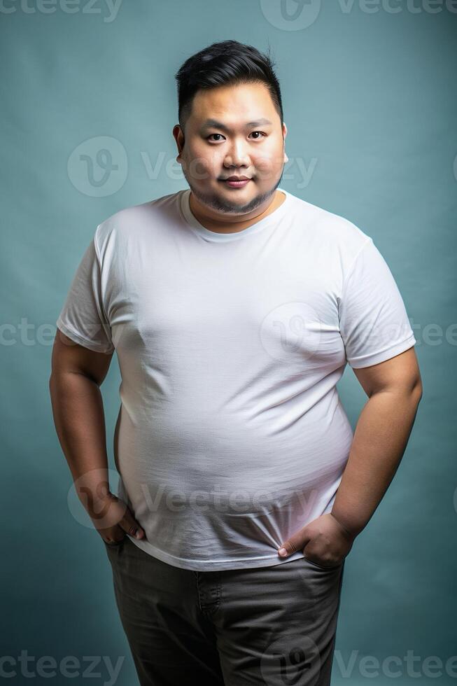Indonesian Obese Gym Guy, Fresh, Balanced, Realistic T Shirt Mockup, Template Of Fashion Clothes for Retail, Marketplace, Creative Agency photo
