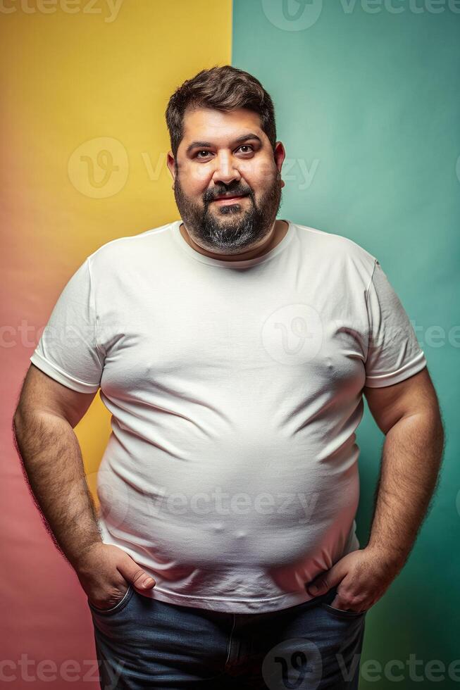 Argentine Obese Middle-Aged, Sophisticated, Balanced, White Oversized T-Shirt 3D Rendering, White T-Shirt Ideal For Design Mockups And Apparel Presentations for Educational, Marketplace photo