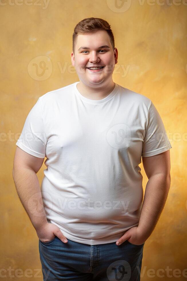 English Endomorph Fatty College Boy, Timeless, Harmonious, Realistic T Shirt Mockup, White T-Shirt Ideal For Design Mockups And Apparel Presentations for Magazine, Personal, Creative Agency photo