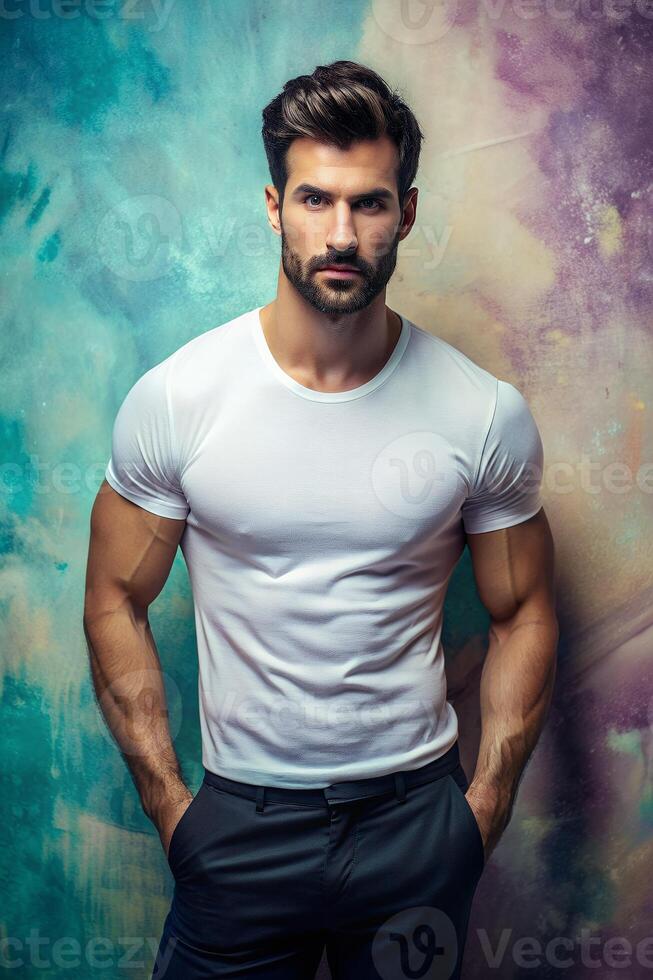 Italian Lean Healthy Gym Guy, Sleek, Balanced, Mockup T Shirt Template, T Shirt White Model for Educational, Travel, Music photo