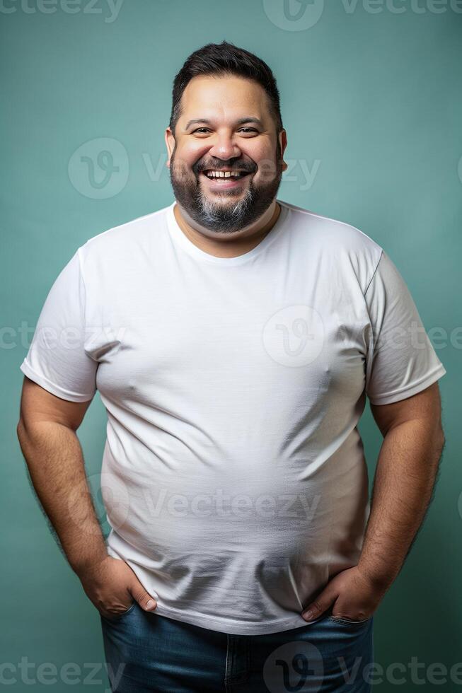 Brazilian Obese Middle-Aged, Contemporary, Artistic, White Oversized T-Shirt With Blank Space, Mock Up T Shirt Concept for Magazine, Wedding, Music photo