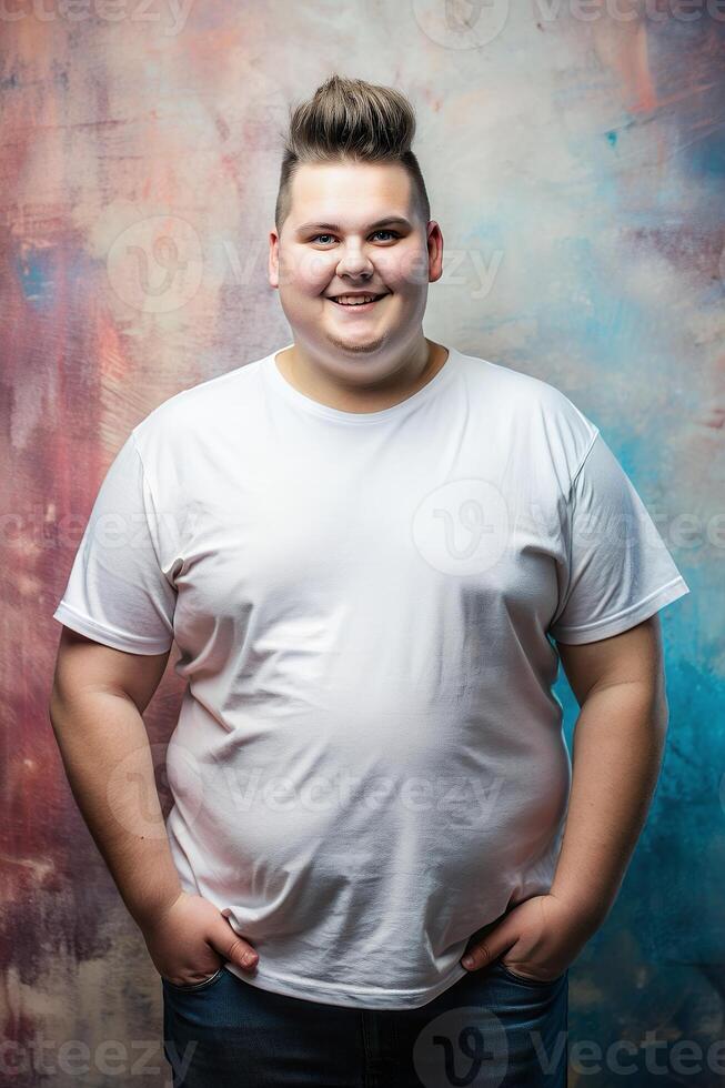 American Obese College Boy, Sleek, Balanced, Unisex T Shirt Mockup, Suitable For Design Mockups And Print Applications for Blog, Entertainment, Fashion photo