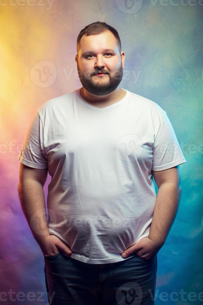 French Overweight Gym Guy, Refined, Harmonious, Realistic T Shirt Mockup, White T-Shirt Ideal For Design Mockups And Apparel Presentations for Blog, Health and Fitness, Events photo