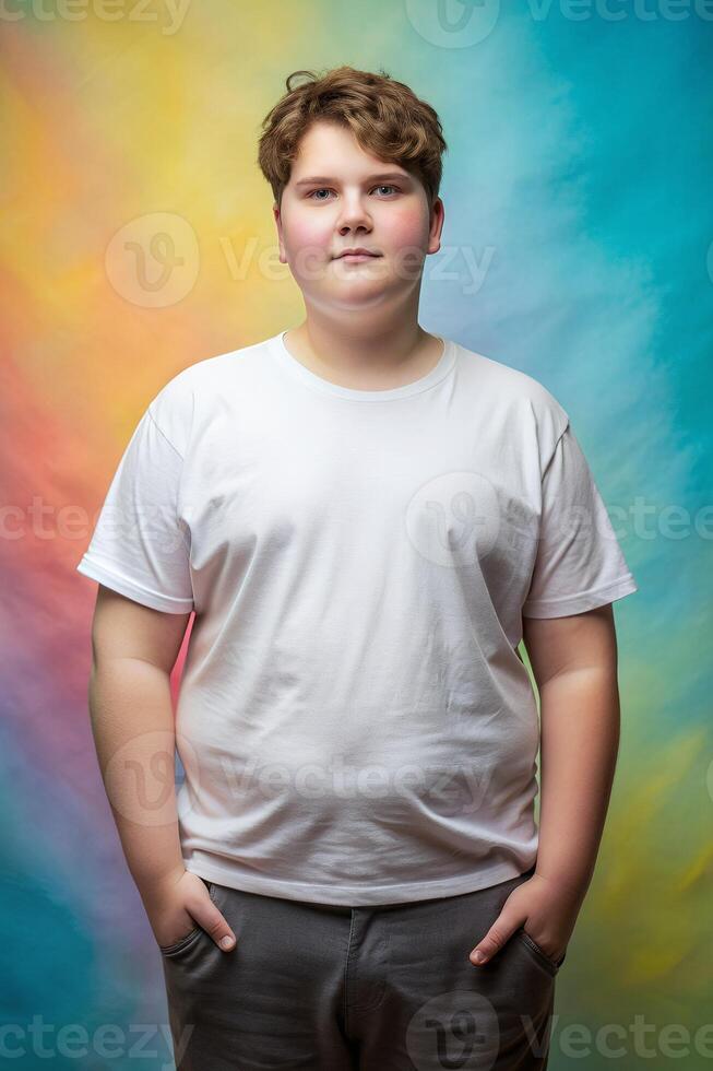 Australian Overweight Teen Boy, Fresh, Streamlined, T Shirt Mockup Model, White T-Shirt Ideal For Design Mockups And Apparel Presentations for Retail, Entertainment, Fashion photo