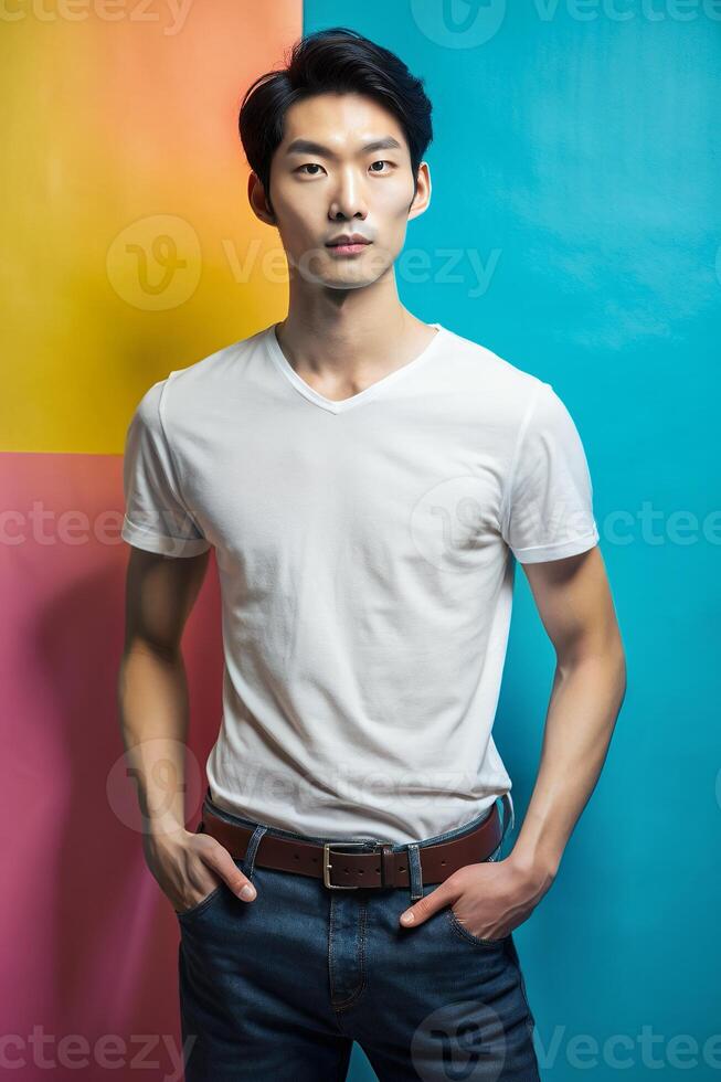 Korean Ectomorph Skinny Gym Guy, Contemporary, Balanced, Realistic T Shirt Mockup, Suitable For Design Mockups And Print Applications for Magazine, Entertainment, Technology photo