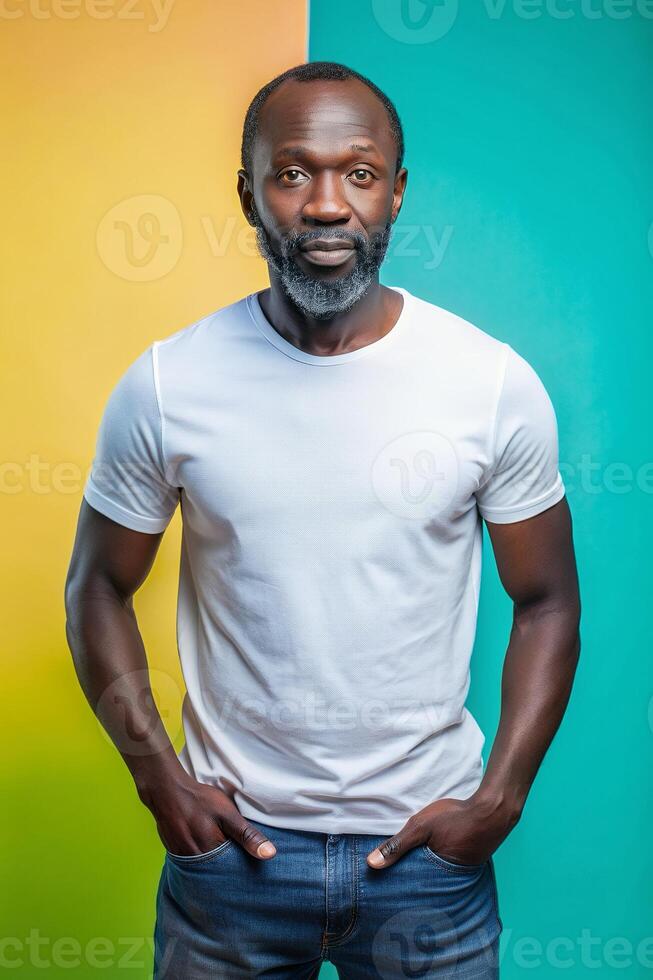 Kenyan Ectomorph Skinny Middle-Aged, Innovative, Simple, Mockup T Shirt Template, T Shirt White Model for News, Travel, Events photo