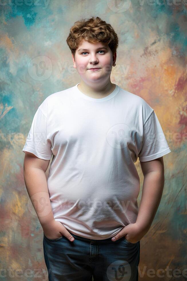 English Endomorph Fatty Teen Boy, Fresh, Distinctive, Realistic T Shirt Mockup, White T-Shirt Ideal For Design Mockups And Apparel Presentations for News, Travel, Fashion photo
