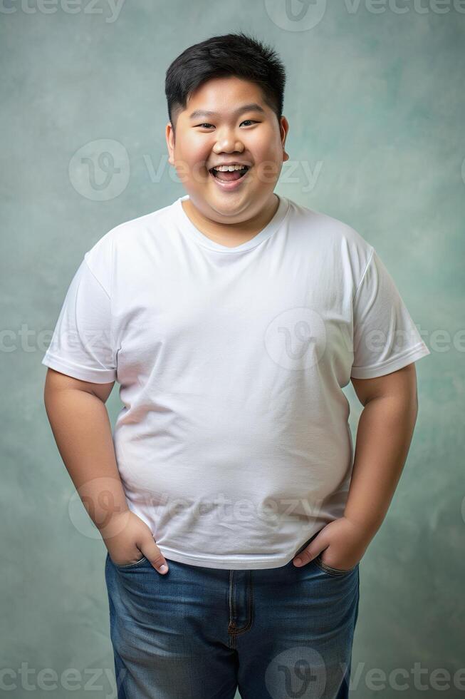Filipino Obese Teen Boy, Chic, Bold, Realistic T Shirt Mockup, T Shirt White Model for Portfolio, Wedding, Events photo
