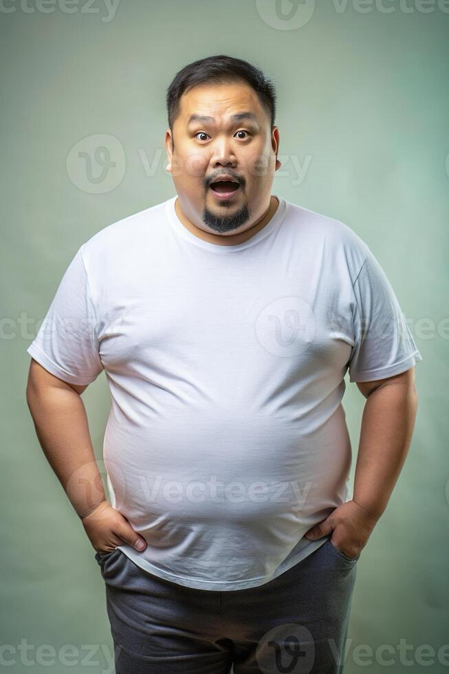 Malaysian Obese Middle-Aged, Sophisticated, Artistic, White Oversized T-Shirt With Blank Space, Mock Up T Shirt Concept for Magazine, Photography, Creative Agency photo