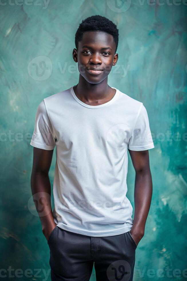 African Ectomorph Skinny College Boy, Fresh, Balanced, White Oversized T-Shirt 3D Rendering, Suitable For Design Mockups And Print Applications for Business, Non-profit, Creative Agency photo