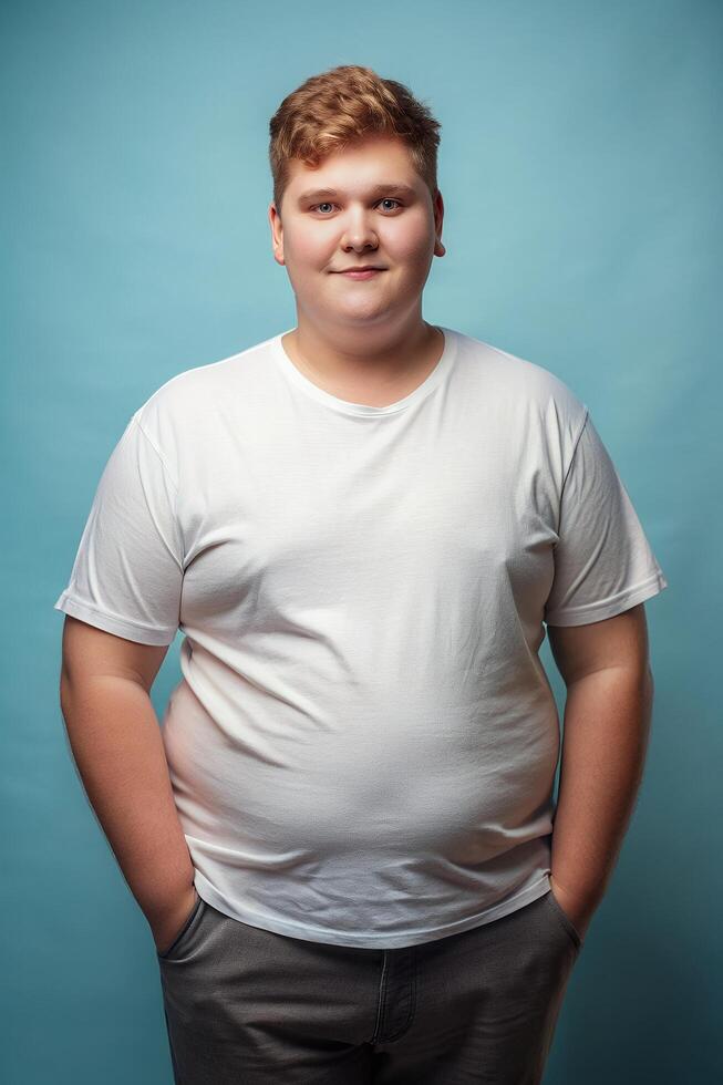 German Overweight College Boy, Timeless, Distinctive, T Shirt Mockup Model, White T-Shirt Ideal For Design Mockups And Apparel Presentations for Corporate, Personal, Fashion photo