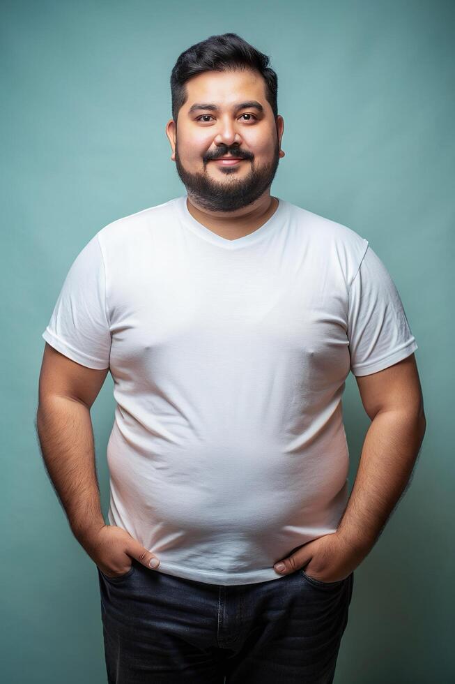 Mexican Overweight Working Professional, Sophisticated, Harmonious, Mockup T Shirt Template, Universal Clothing for Blog, Real Estate, Events photo