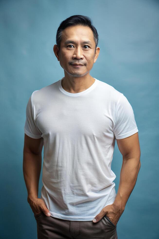 Indonesian Athletic Middle-Aged, Fresh, Distinctive, T-Shirt 3D Rendering, White T-Shirt Ideal For Design Mockups And Apparel Presentations for Educational, Marketplace, Technology photo