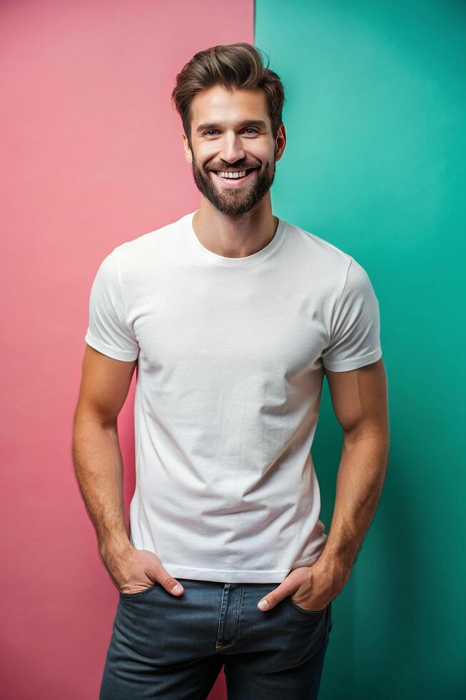 English Lean Healthy Working Professional, Elegant, Crisp, T-Shirt 3D Rendering, White T-Shirt Ideal For Design Mockups And Apparel Presentations for E-commerce, Non-profit, Creative Agency photo