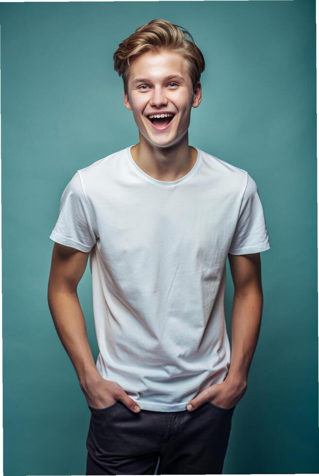 Swedish Rectangular College Boy, Timeless, Crisp, White Oversized T-Shirt With Blank Space, White T-Shirt Ideal For Design Mockups And Apparel Presentations for Portfolio, Real Estate, Fashion photo