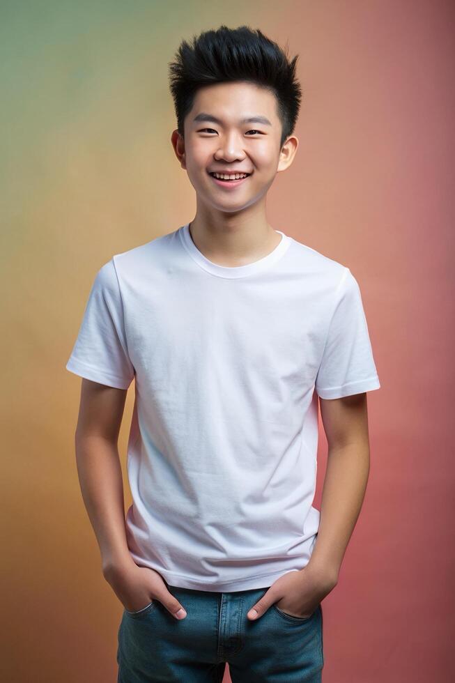 Asian Athletic Teen Boy, Sleek, Simple, White Oversized T-Shirt 3D Rendering, Universal Clothing for Portfolio, Marketplace, Events photo
