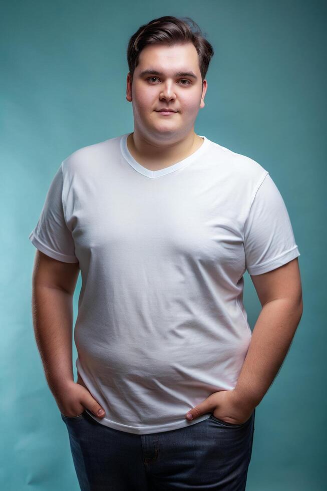 French Overweight College Boy, Stylish, Simple, Half Sleeves, T Shirt White Model for Multi-purpose, Real Estate, Events photo