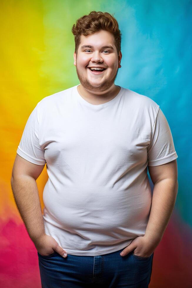 English Endomorph Fatty College Boy, Timeless, Futuristic, White Oversized T-Shirt 3D Rendering, Mock Up T Shirt Concept for Blog, Photography, Technology photo