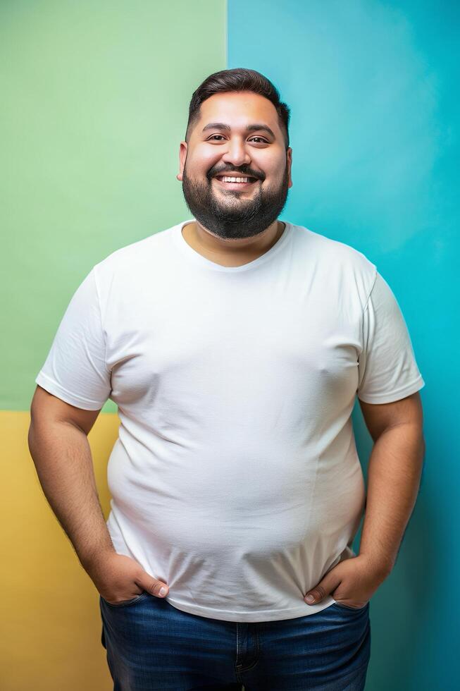 Mexican Obese Gym Guy, Elegant, Polished, Realistic T Shirt Mockup, Template Of Fashion Clothes for Business, Marketplace, Music photo
