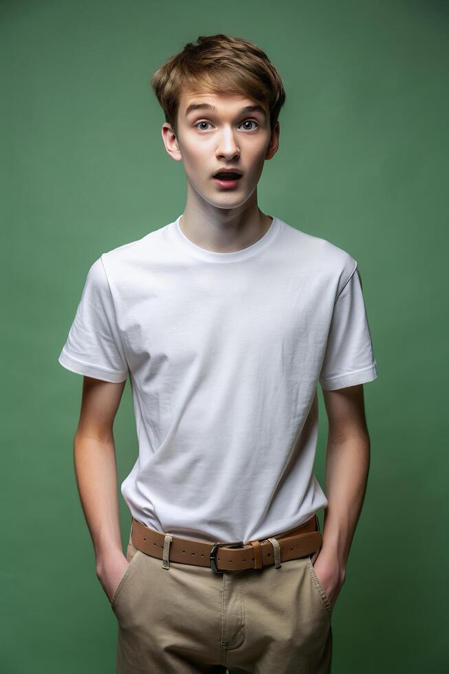 Dutch Underweight Teen Boy, Stylish, Simple, T Shirt Mockup Model, White T-Shirt Ideal For Design Mockups And Apparel Presentations for Portfolio, Photography, Technology photo
