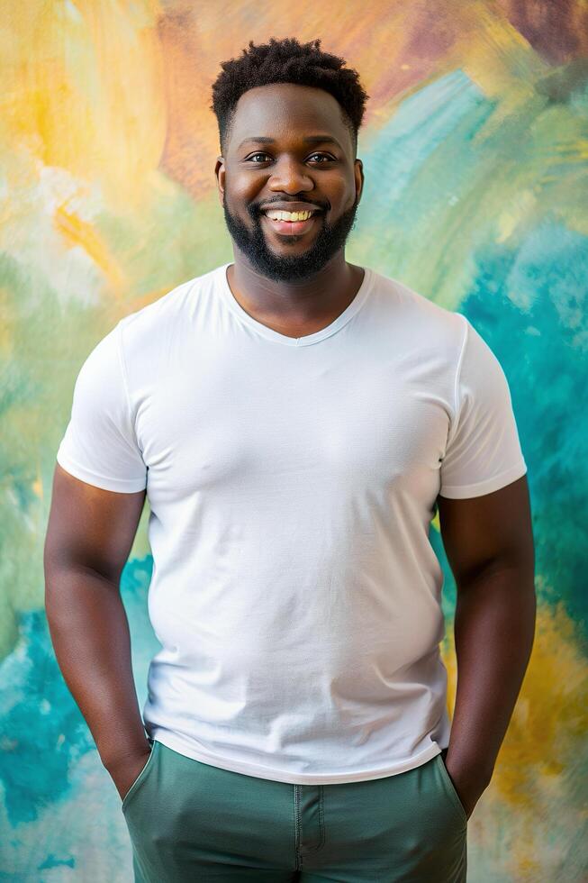 South African Pear-Shaped Adult, Elegant, Futuristic, Half Sleeves, T Shirt White Model for Educational, Community, Events photo
